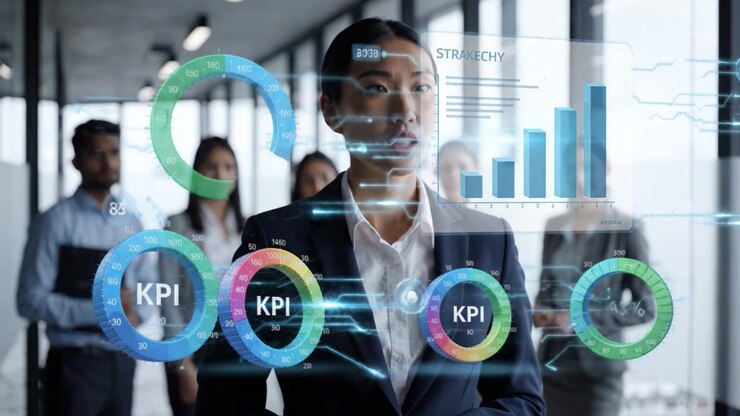 Professional Presentation: A Business Leader Analyzing KPIs and Data Insights in a Corporate Environment with Colleagues Observing Progress