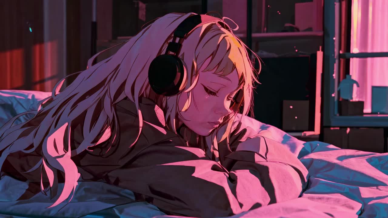 Anime-style video still of a girl with headphones lying on a bed. Warm lighting and a side angle