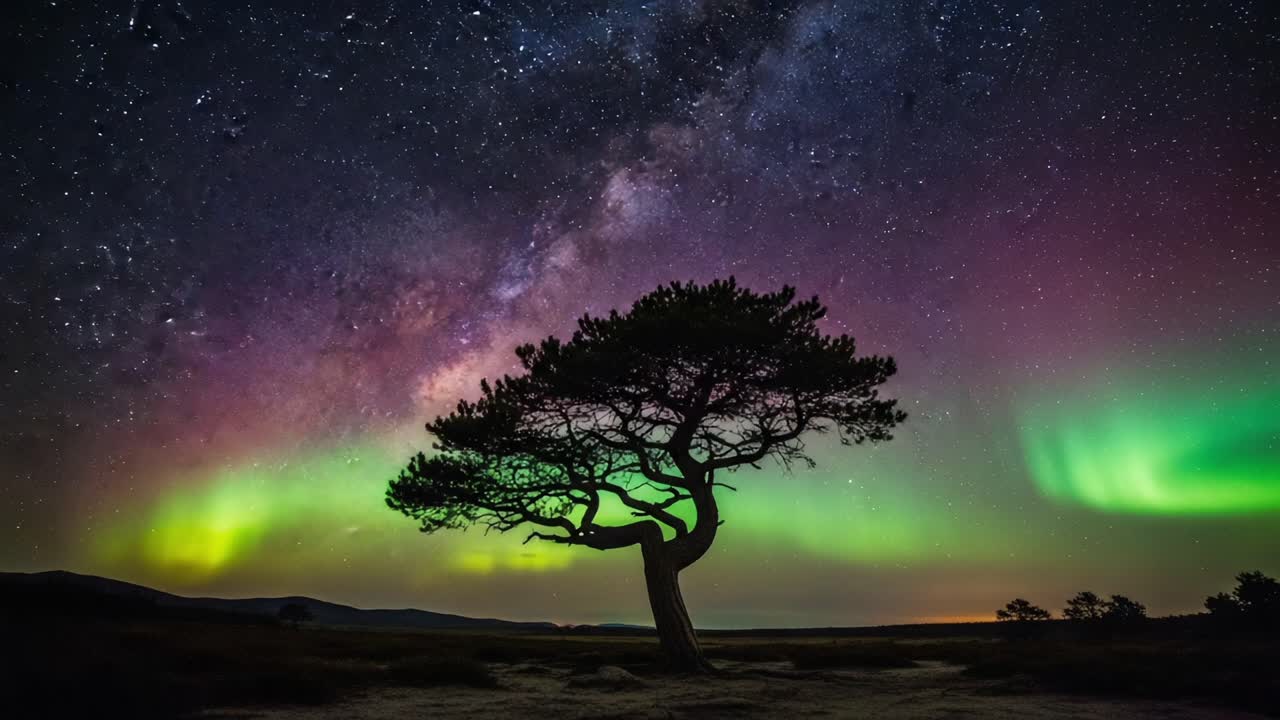A Majestic Display of the Aurora Borealis Illuminating the Night Sky, Framed by a Solitary Tree Amidst the Cosmic Landscape of Stars and the Milky Way Galaxy