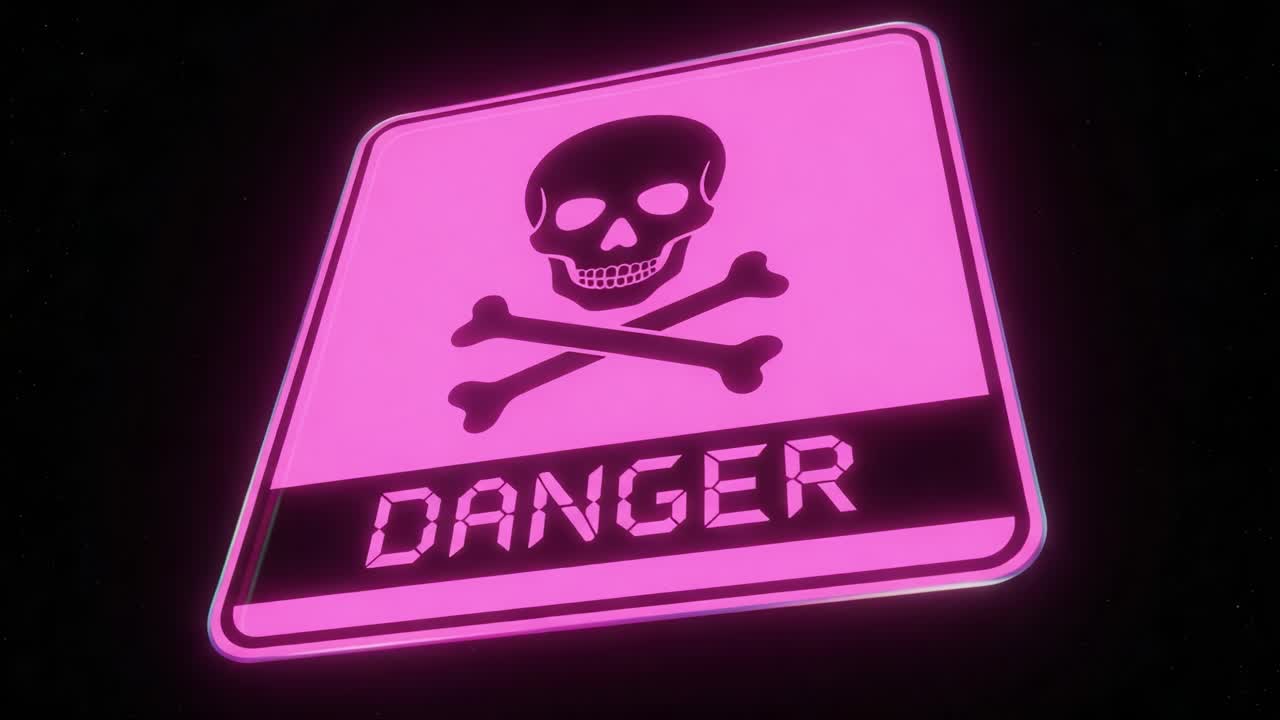 A striking neon warning sign featuring a skull and crossbones symbol against a vibrant background, highlighting the dangers associated with hazardous materials or situations