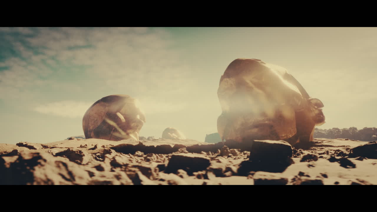 Huge golden statues in the desert during sunset
