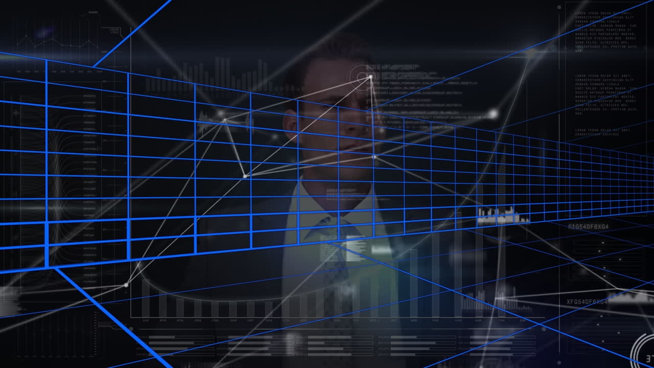 Animation of network of connections and icons over businesman