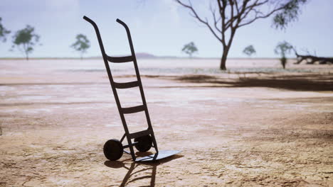 a lone dolly stands upright on cracked dry soil beneath a vast sky