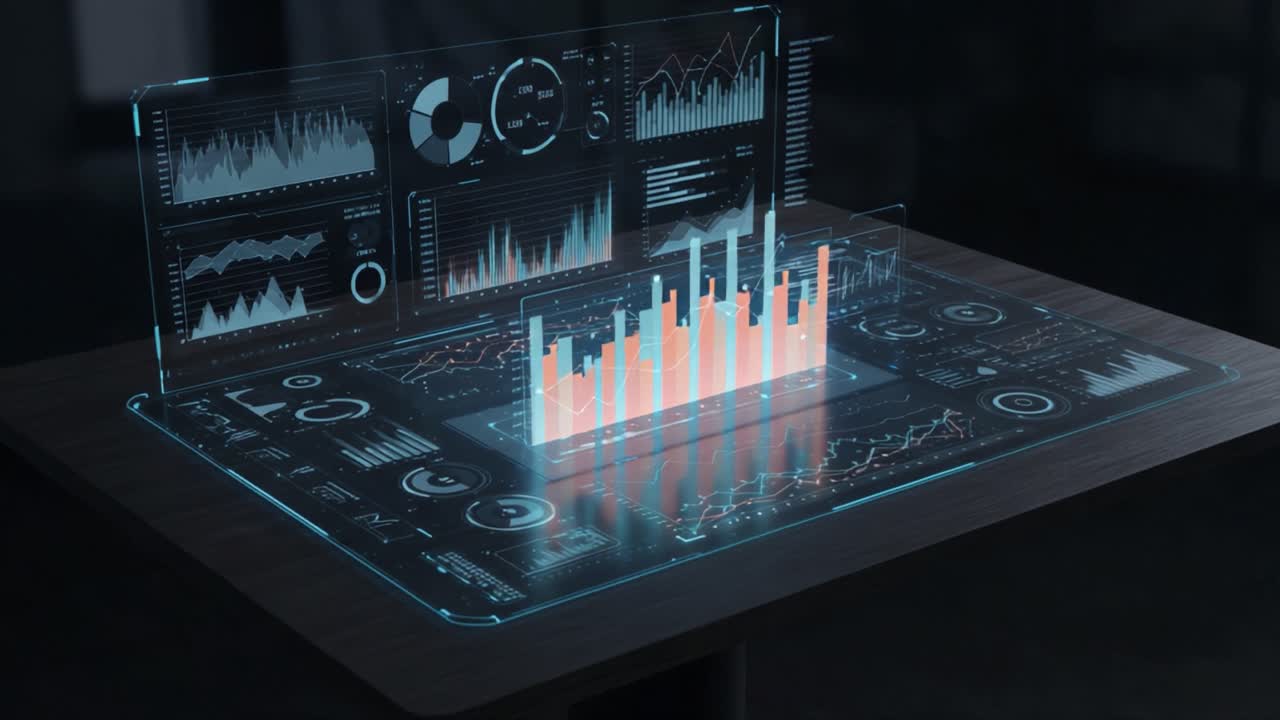 Futuristic Data Visualization with Dynamic Graphs and Charts on a Digital Dashboard Interface Displaying Various Analytical Metrics and Performance Indicators