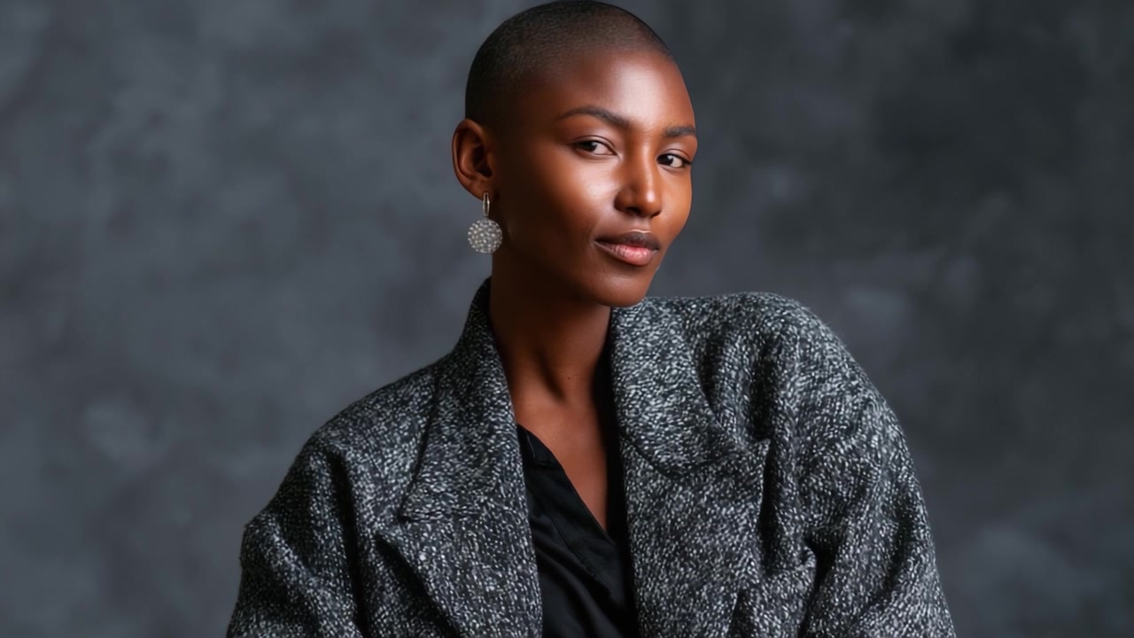 Un retrato impresionante de un individuo seguro de sí mismo con la cabeza rapada, mostrando elegancia a través de la moda y la compostura sobre un fondo gris suave.