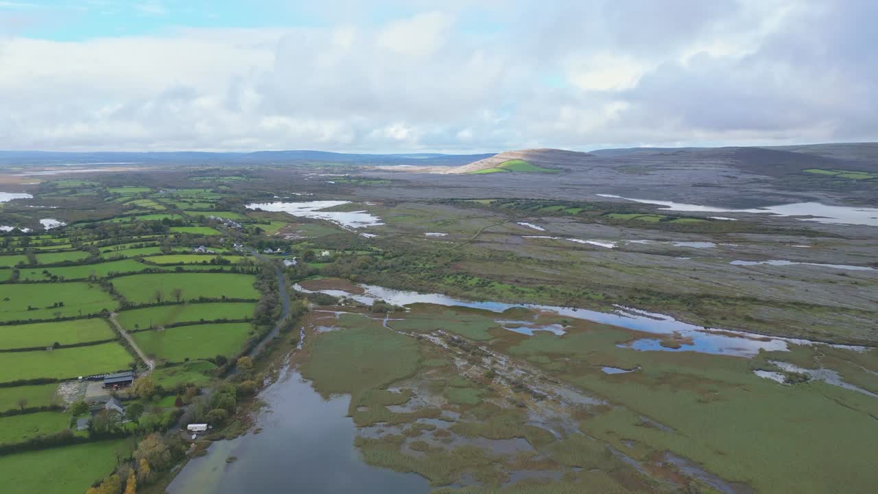 Famland And Swamps In The Countryside Of Burren In County Clare, Ireland. Aerial Drone Shot