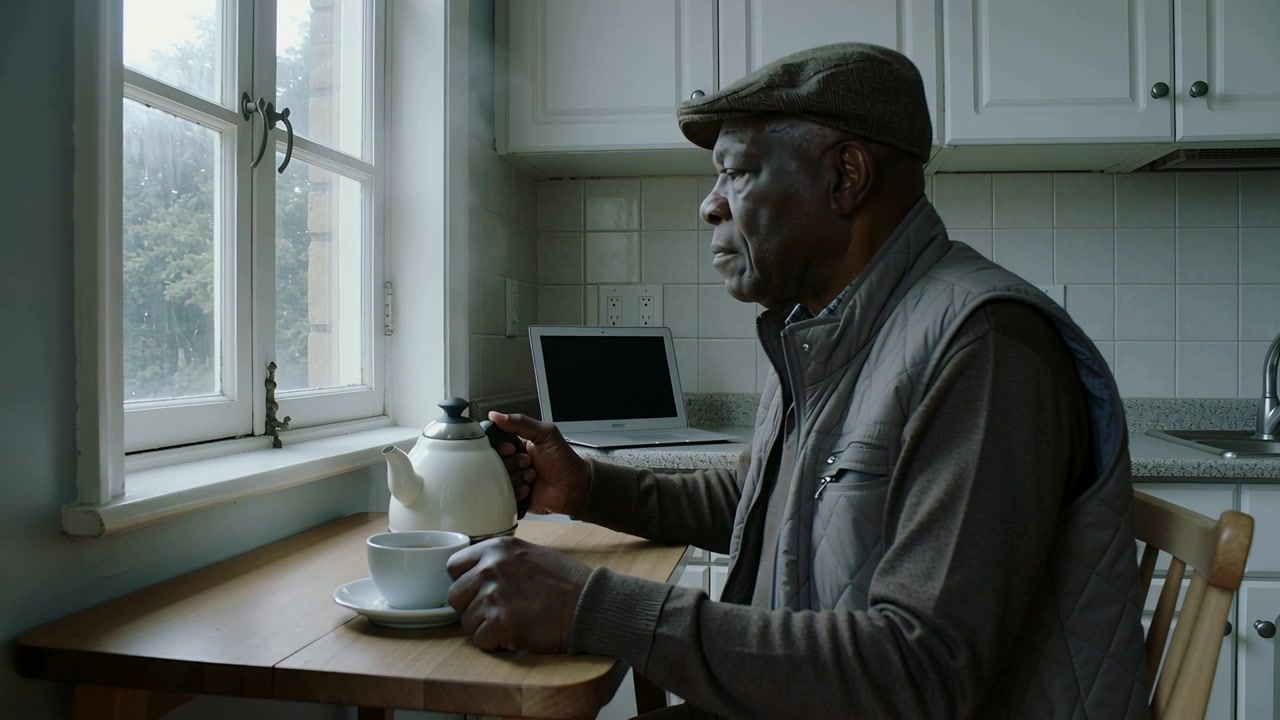Lifting kettle, senior man in flat cap, vest pouring tea into cup at window, gazing outside
