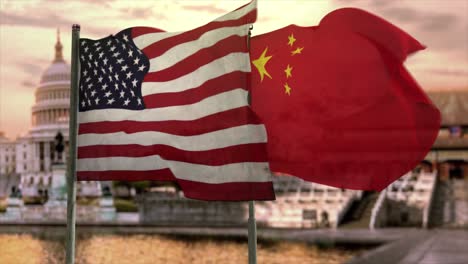 cgi 3d animation of the usa flag and the china flag over a composite background of washington and beijing