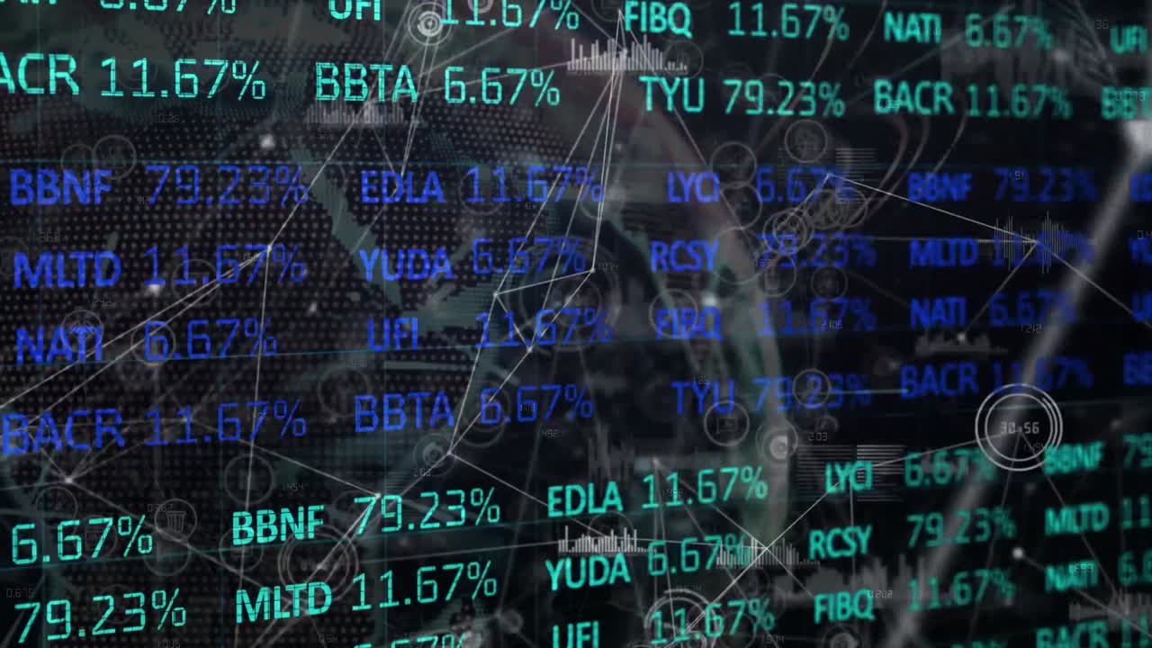 animación de la red de conexiones datos financieros en la pantalla del mercado de valores