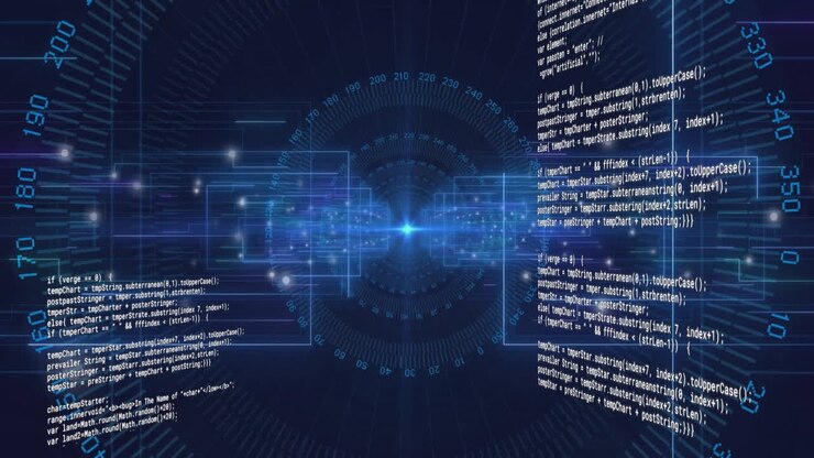 Анимация обработки текстовых данных над синим круговым сканером, контурами интерфейса и световыми пятнами.