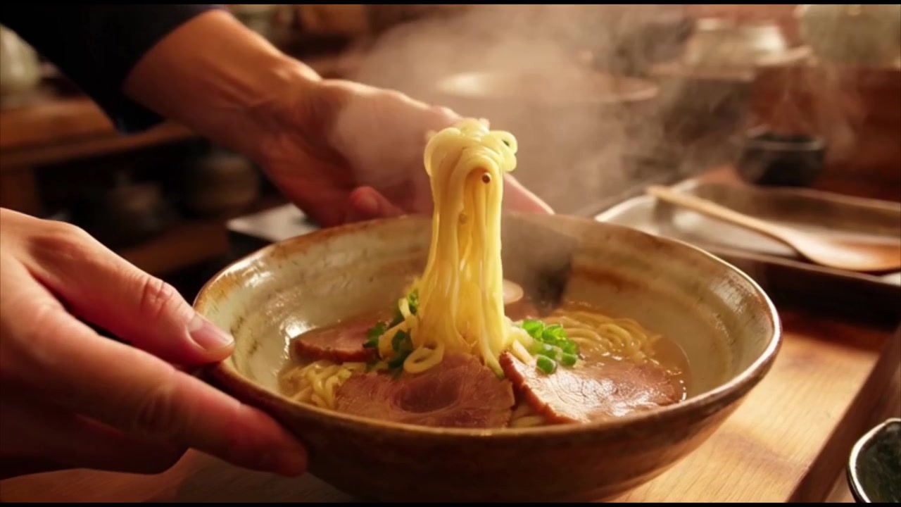丼から湯気の立つラーメンを箸で持ち上げる料理人