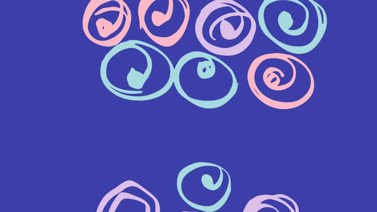 Digital animation of colorful abstract shapes moving against blue background