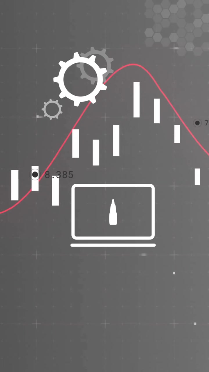 Financial data analysis animation with icons of charts, gears, and technology devices