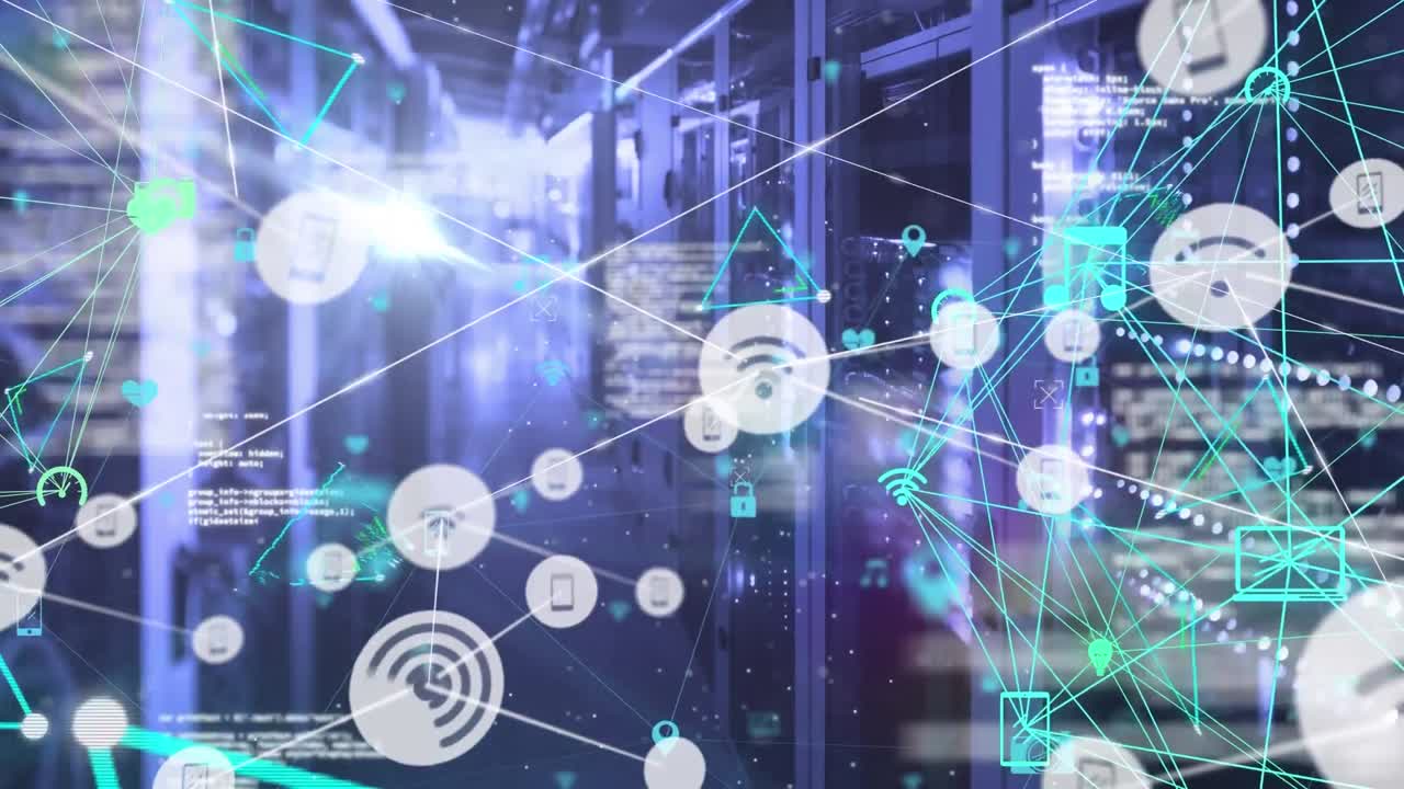 animazione della rete di connessioni con icone su server