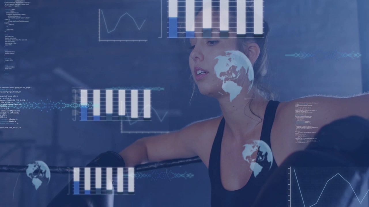 Data overlays appearing, spurring female boxer lifting chin, raising arms, prepping for training