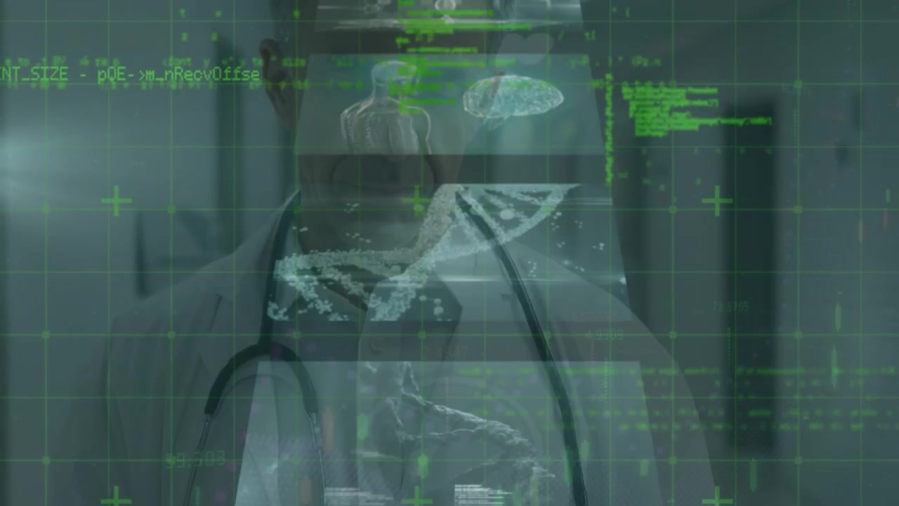 Animation of biological data on digital screen over caucasian senior male doctor