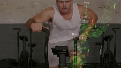 animation of data processing and diagrams over caucasian man exercising