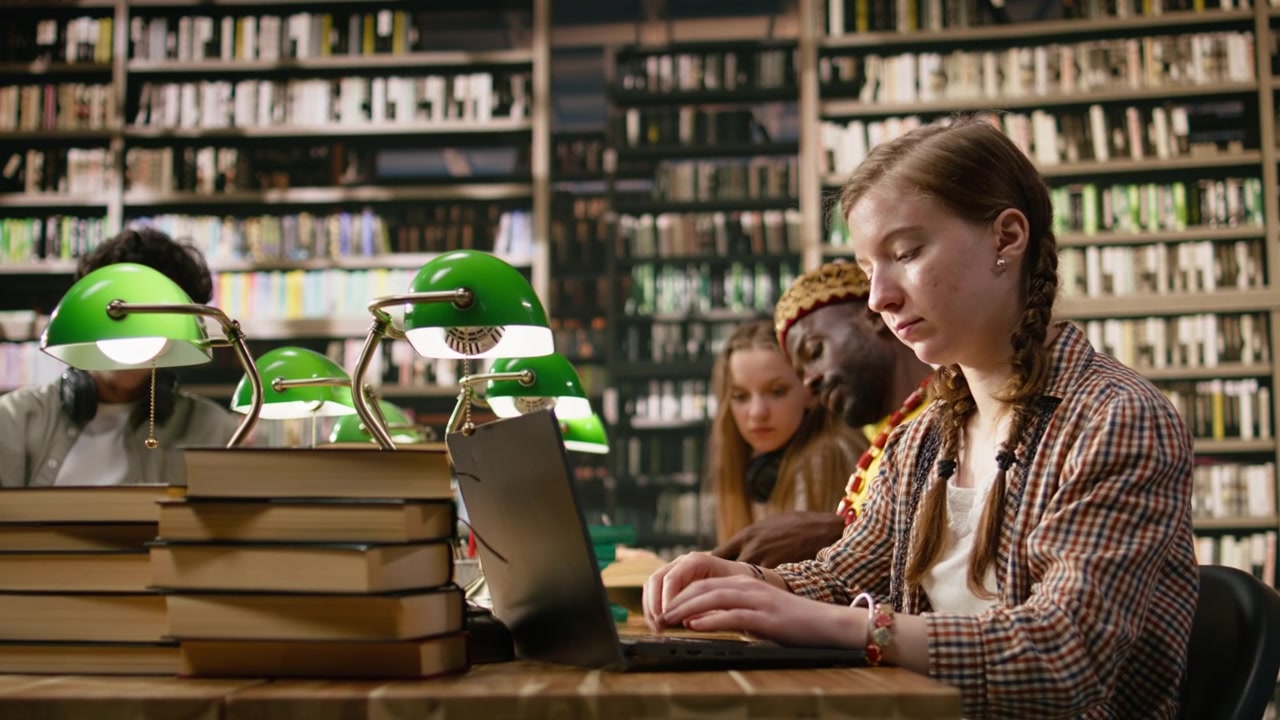 Woman student typing on laptop and studying at wooden library table