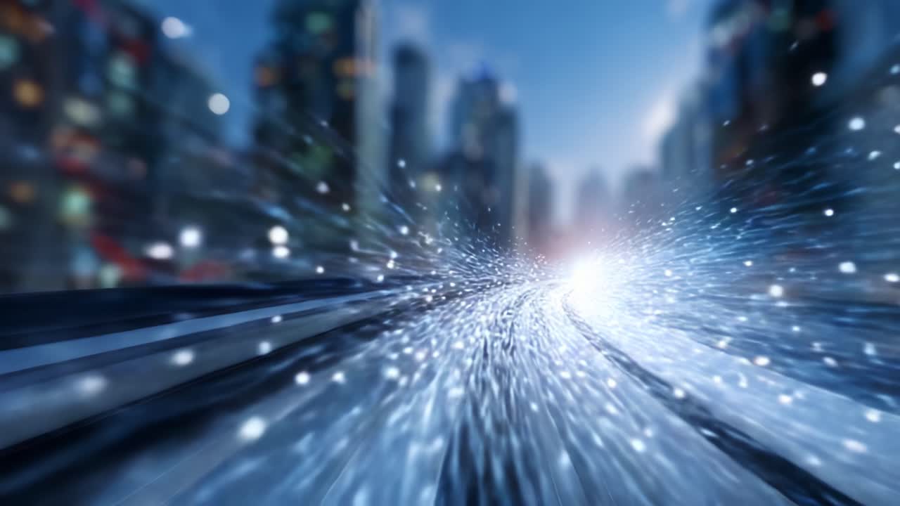 Uno straordinario viaggio visivo attraverso un paesaggio urbano scintillante con scie luminose dinamiche e un senso di movimento, che cattura l'essenza dell'energia urbana e l'atmosfera vivida