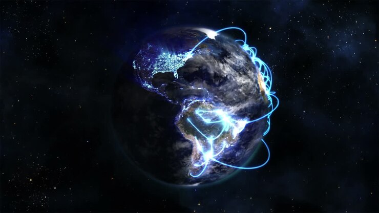 Terra animada com nuvens dinâmicas e conexões azuis, imagem cortesia de Nasa.org