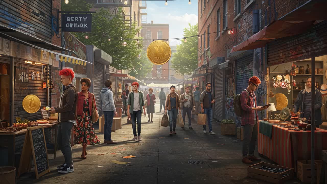 A Lively Urban Marketplace Capturing Vibrant Interactions Amidst Stalls of Craft Goods and Banners, Enhanced By Colorful Street Characters in a Sunlit Atmosphere