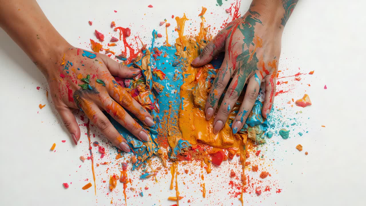 Placing hands over paint, tattooed forearm pressing and smearing on white table, mixing blue orange