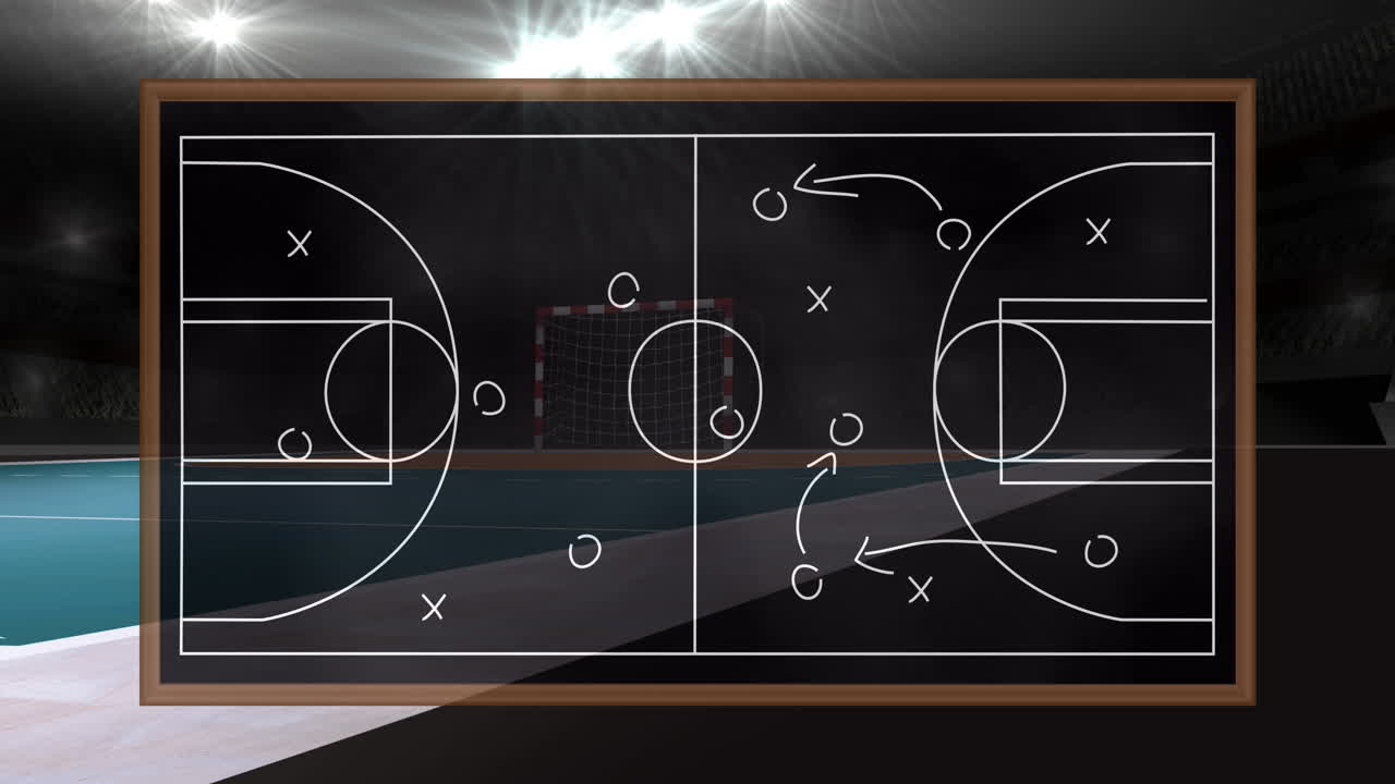 Animation of game plan on board over sports stadium
