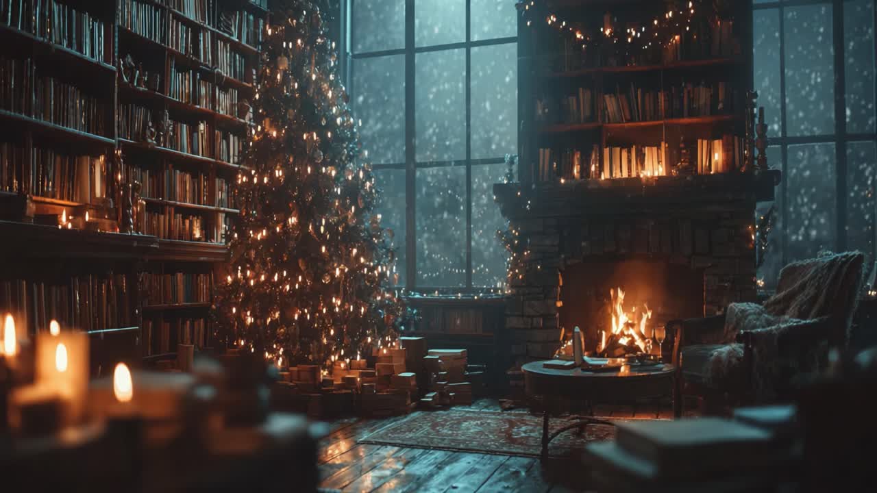 A Cozy Winter Evening by the Fireplace: A Beautifully Decorated Room with a Glowing Christmas Tree, Soft Candlelight, and Shelves Brimming with Books in a Tranquil Atmosphere