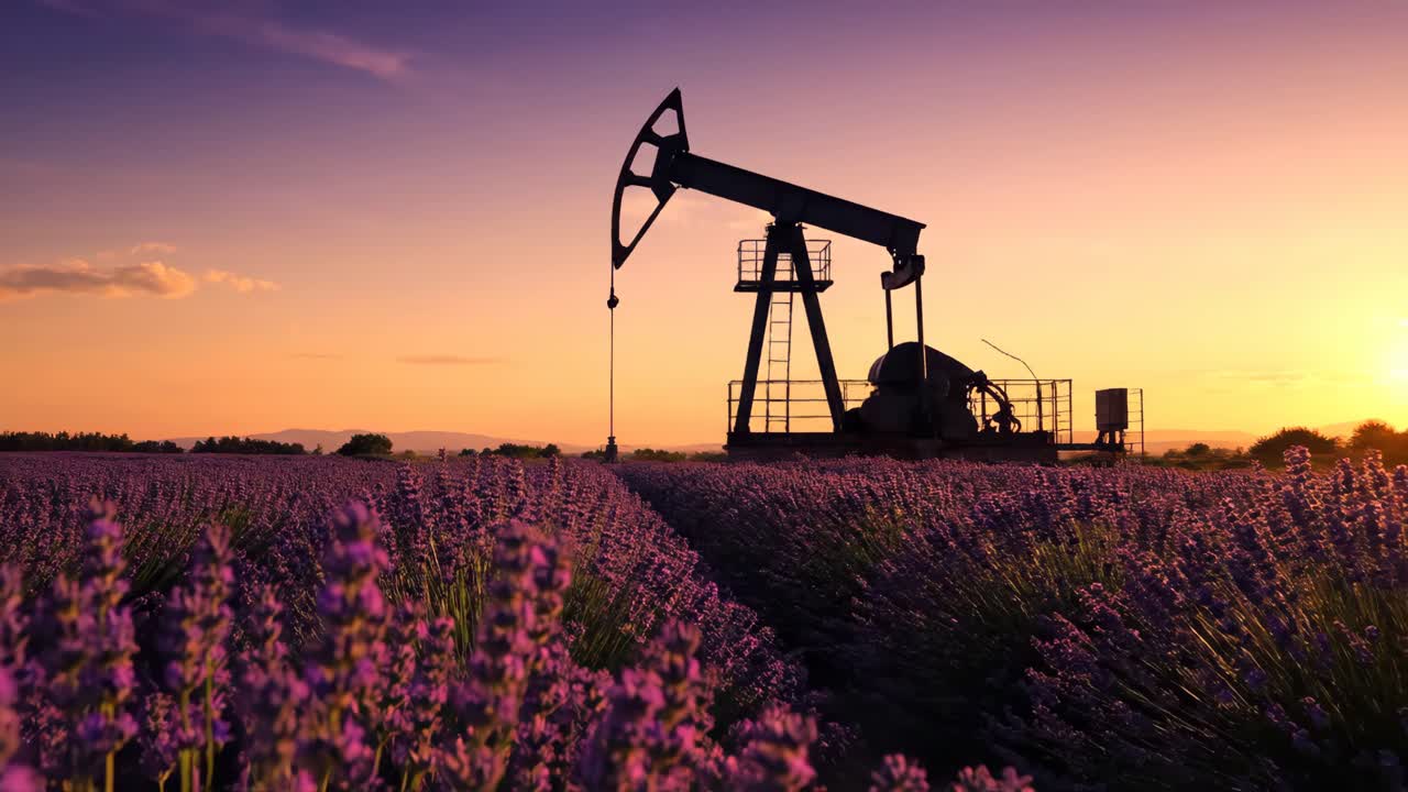 Oil Pump in Lavender Field at Sunset