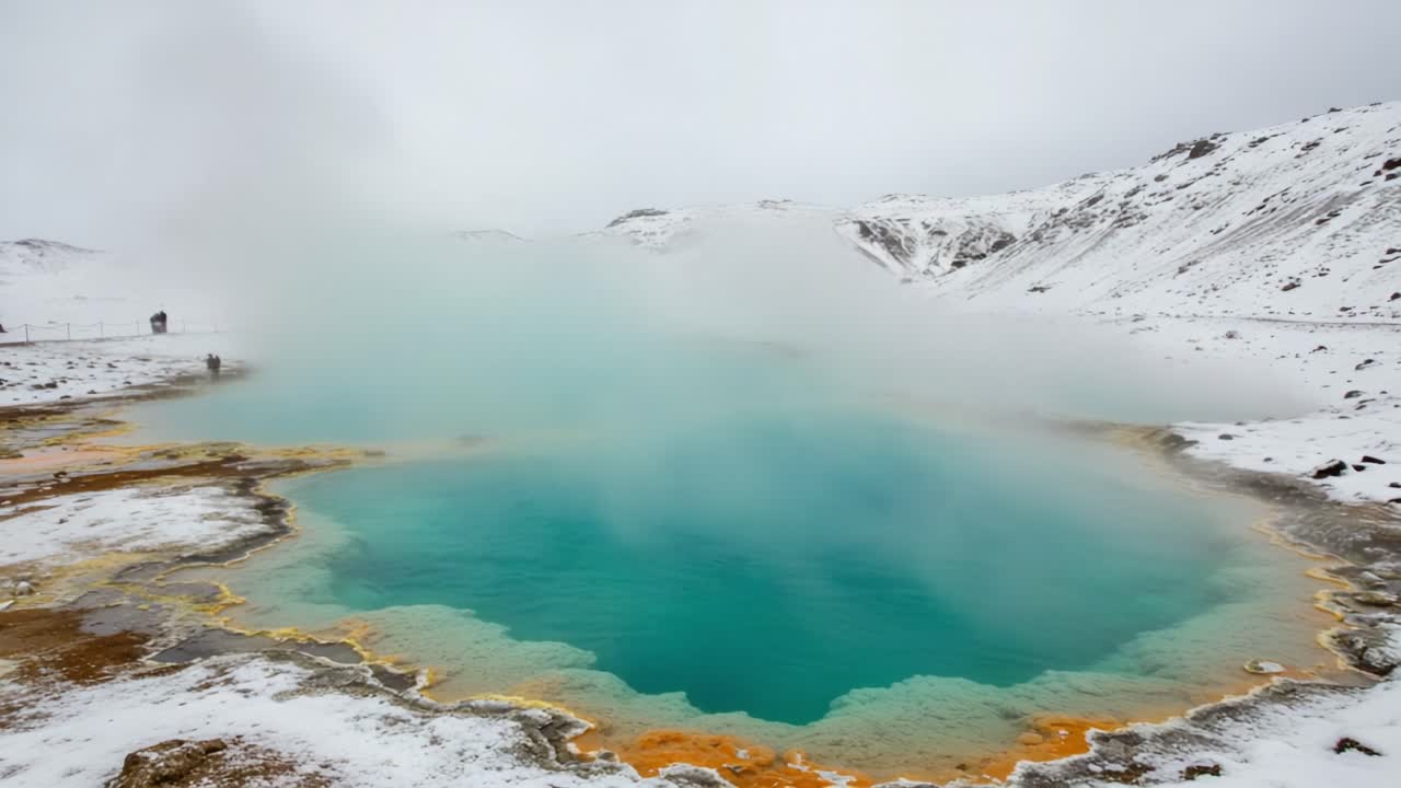 Upea näkymä geotermisestä kuumasta lähdealtaasta lumisessa maisemassa, josta nousee höyryä, korostaen luonnon kauneutta ja värikästä kuumaa vettä ainutlaatuisine mineraaliesiintymineen.