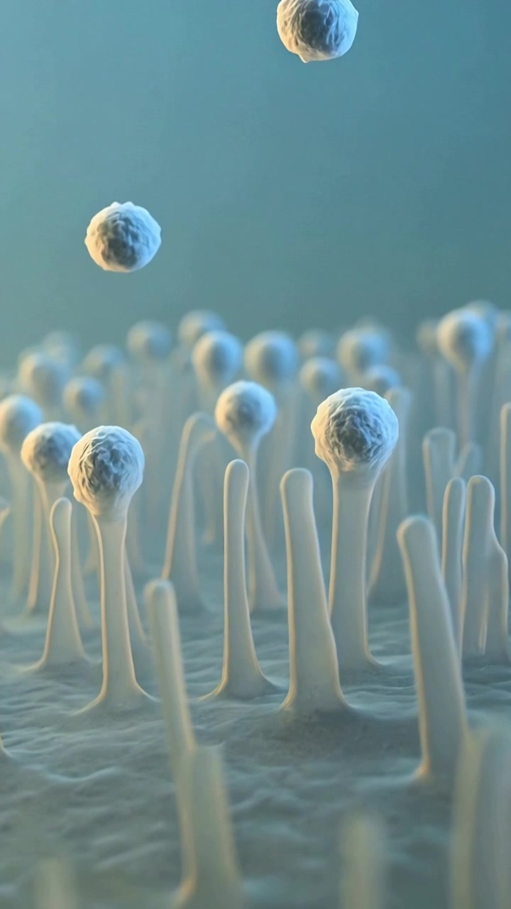 Vertical video: Appearing spheres descending to contact stalk tips in microscopic render, teal glow