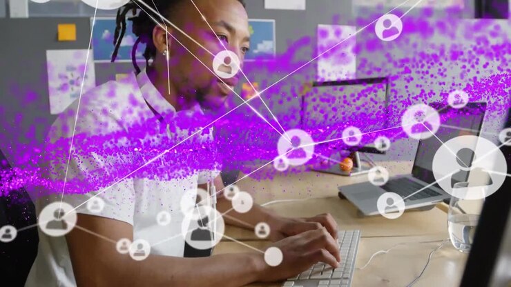 Animation of network of connections with over happy caucasian woman using smartphone