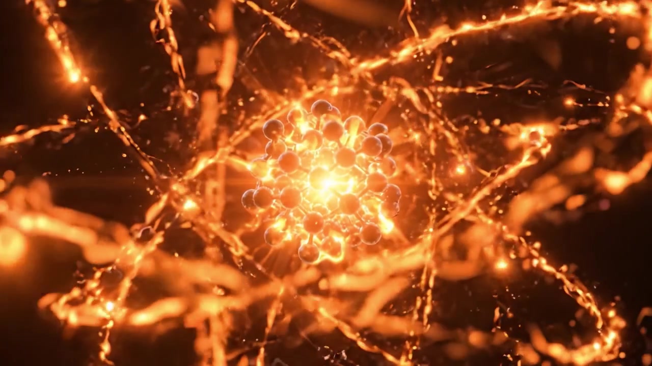Uma visualização impressionante da estrutura atômica exibindo a dinâmica de partículas energéticas em um brilho cativante, representando os fundamentos da interação matéria-energia