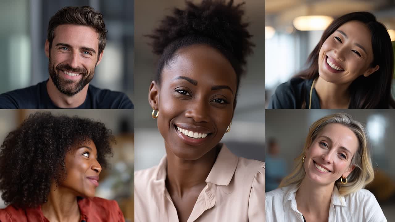 Cinco mulheres diversas sorriem calorosamente. Uma mulher olha suavemente para o lado. Suas expressões irradiam confiança e amizade. Perfeito para contextos de negócios, equipe ou profissionais.