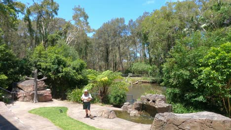 persona caminando a través de un entorno de jardín sereno