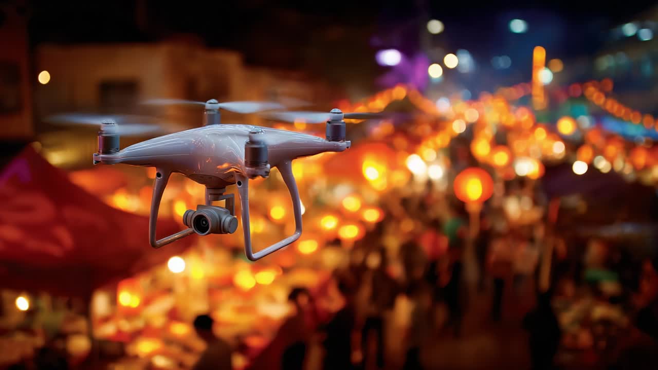 Aerial View of a Drone Capturing the Vibrant Atmosphere of a Night Market, Showcasing Colorful Lights and Crowded Stalls Surrounded by Festivities and Excitement in a Lively Social Gathering