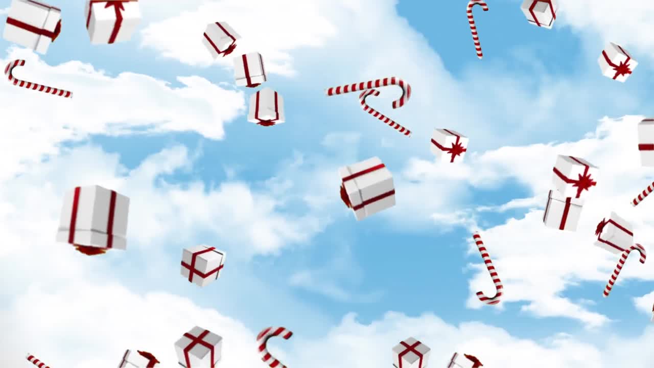 animación de regalos que caen y bastones de caramelo sobre el cielo nublado