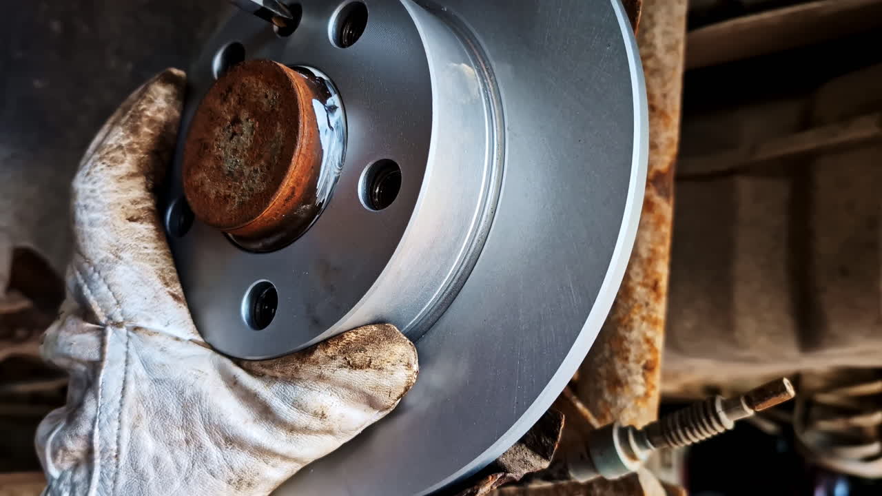 Mechanic aligning new brake disc on car hub with gloved hands during garage repair