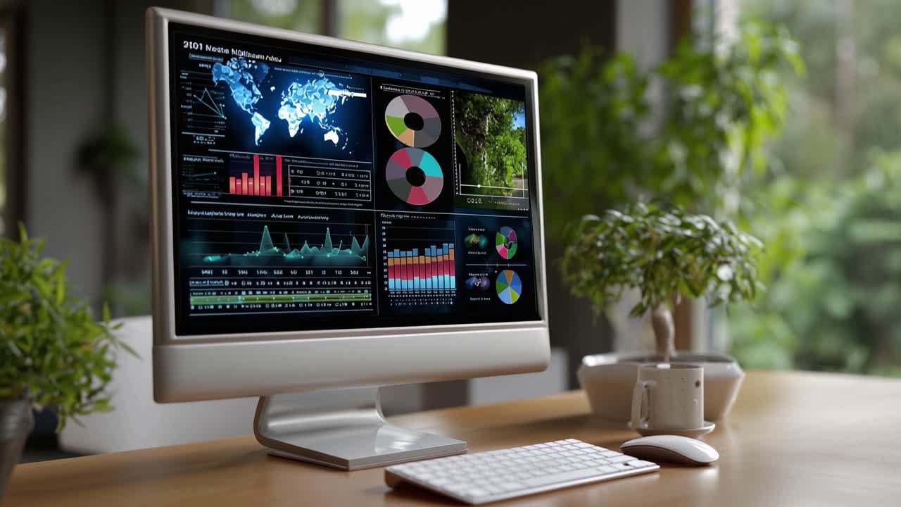 A Desktop Computer Displaying Data Visualizations and Analytics, Featuring Colorful Charts, Graphs, and a World Map in a Modern Workspace Setting