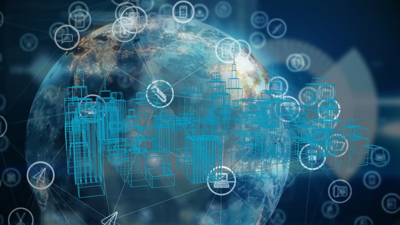 Animation of network of connections over digital city and globe