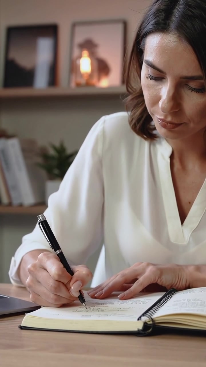 Vertical video: Pen touching page woman in white blouse taking notes in home office with notebook