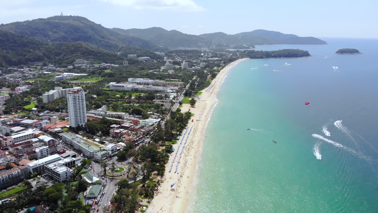 Panoramic aerial view of tropical Phuket resort town and Patong beach