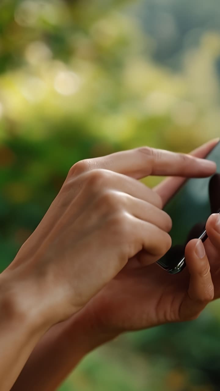 Close-up Interaction with Smartphone Amidst Nature: A Hand Engaging with a Touchscreen Device, Highlighting Modern Technology's Integration with Outdoor Environments
