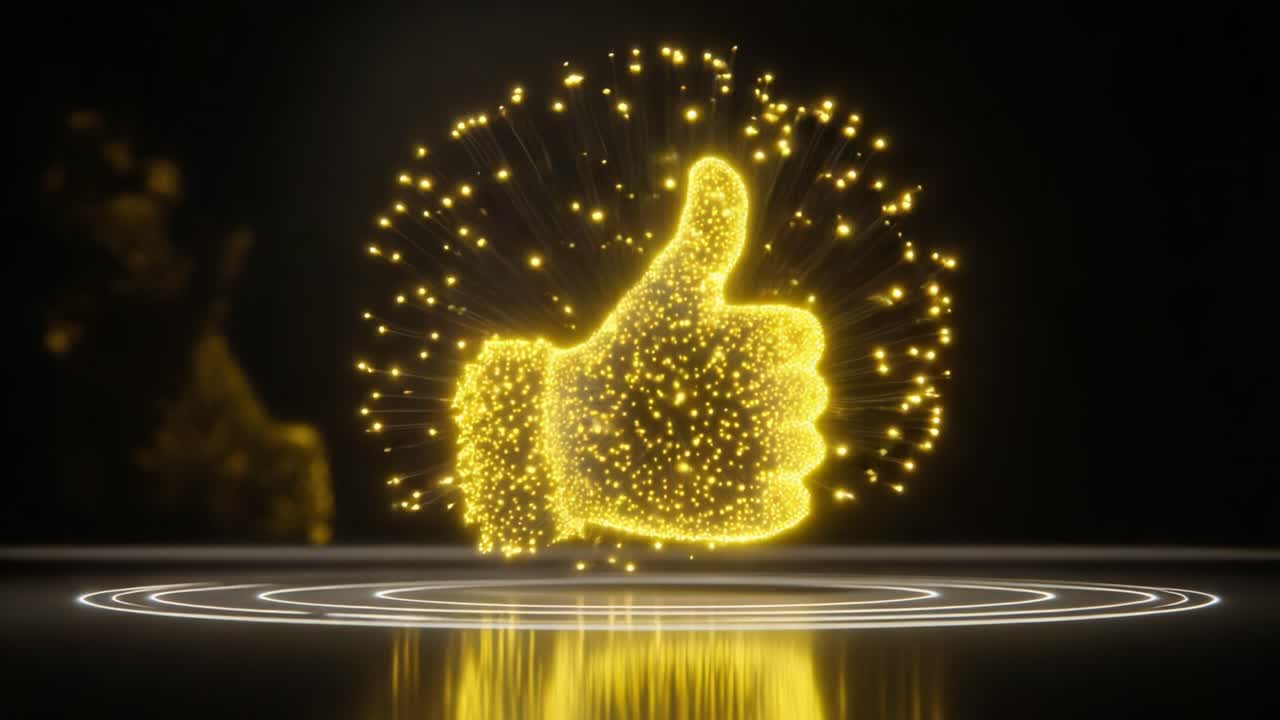 A mesmerizing golden thumbs-up gesture emanating sparkling particles, symbolizing positivity and approval in a digital realm, featured against a dark backdrop for stunning visual impact
