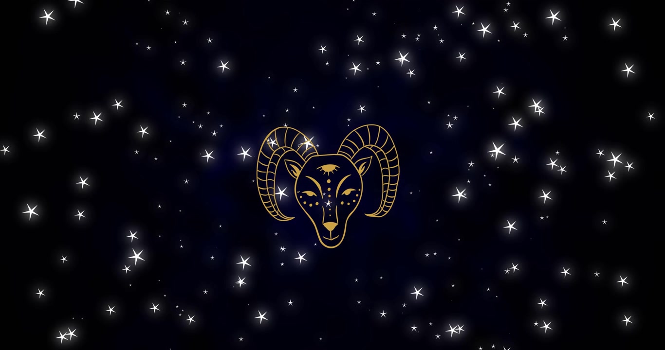 Animación de la oveja del signo zodiacal Aries contra estrellas brillantes en el cielo.
