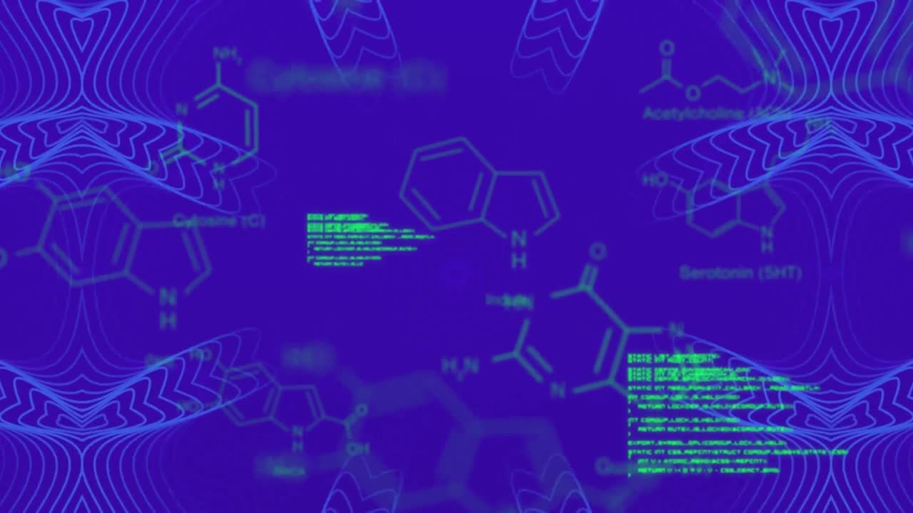 Animation of molecular structures, programming languages, abstract pattern on blue background