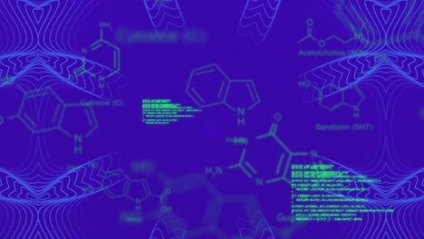 Animation-of-molecular-structures,-programming-languages,-abstract-pattern-on-blue-background