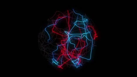 ball with energy charges of plasma, glowing red-blue lines on a black background. 4k