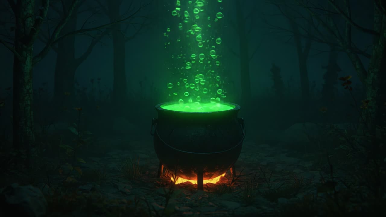 A Mysterious Cauldron Glowing in an Enchanted Forest, Bubbling with Green Liquid and Surrounded by Shadows and Trees, Evoking a Magical Illusion of Alchemy