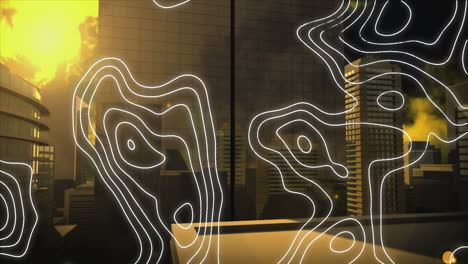digitale samenstelling van topografie die tegen hoge gebouwen in de achtergrond drijft